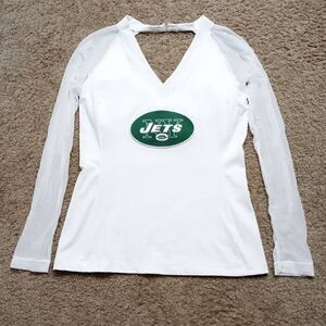 All Sport Couture NFL New York Jets V-Neck Sheer Sleeve Top Women -A